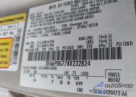 2019 Ford Fusion S z USA, uszkodzony, nr VIN 3FA6P0G77KR232824